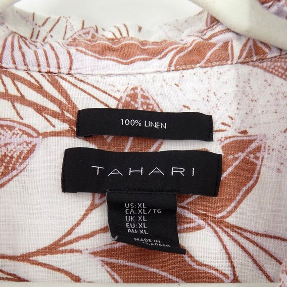 Tahari Linen Shirt Tunic Top Sz XL Roll tab sleeve Floral print White & Brown - Picture 3 of 4